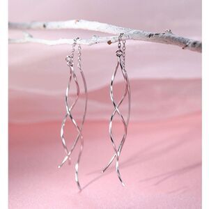 Long Silver Twist Threader Drop Earrings Dangle Thin Chandelier Statement Swirl